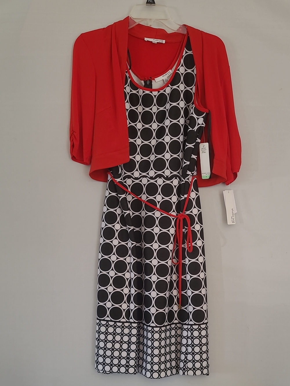 STUDIO ONE NY Black & White Circle-Print Dress with Red Shrug and Belt Sz 8